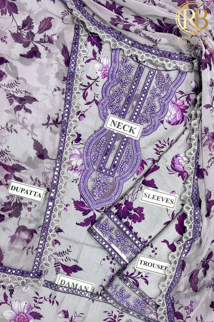 Aneela’s Luxury 9mm Sequins Embroidered Lawn 3 Piece Unstitched Dress with 4-Side Embroidered Chiffon Dupatta